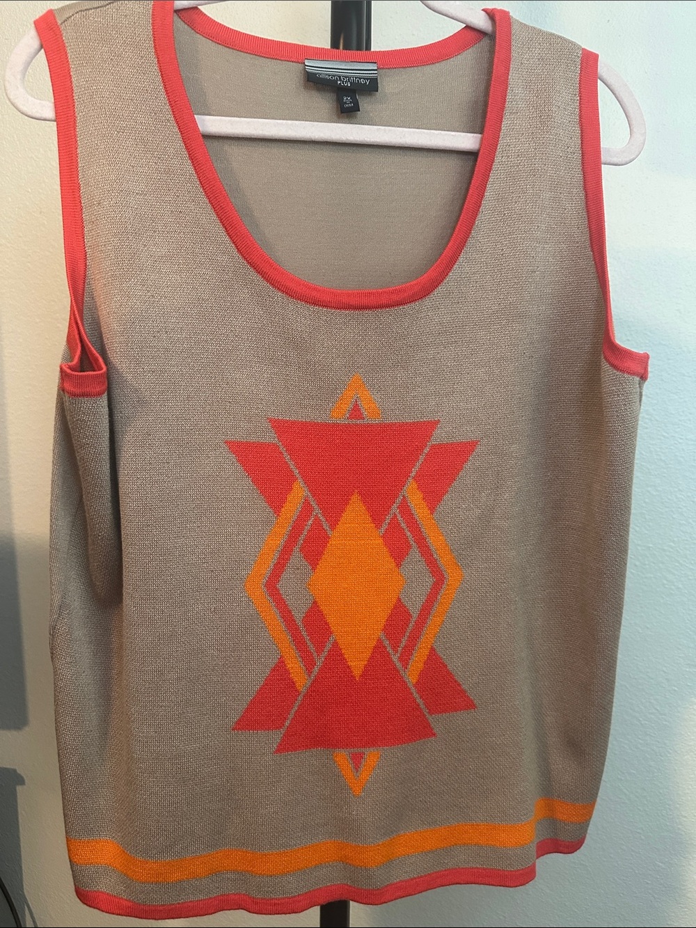 Allison Brittney Taupe Tank Sweater with Coral Trim and Orange Geometric Pattern